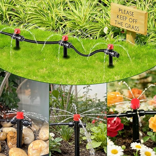 30pcs Drip Irrigation Emitters, Kalolary Adjustable 360 Degree Water Flow Emitters for 1/4" Tubing, Two-Way Connection Irrigation Drippers for Garden, Lawn, and Greenhouse Watering Systems(Red)
