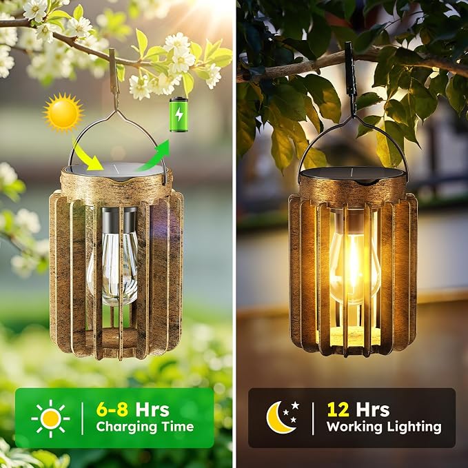 Ahaorigin Solar Lanterns Outdoor Waterproof, Brighter Up to 12 Hrs Outdoor Hanging Solar Lights, Outside Hanging Lanterns for Garden Porch Patio Yard Decor, Gifts for Women Mom Father 4 Pack