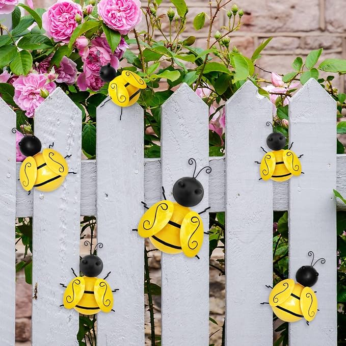 HKKDKTA Metal Outdoor Wall Art Decor, 6 PCS Bumble Bee Decor Outdoor Wall Decors, Fence Decorations Outdoors Metal Garden Decors Outdoors Decorations for Yard Art Home