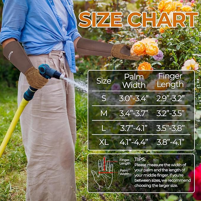 HANDLANDY Long Gardening Gloves for Men & Women, Pigskin Leather Rose Pruning Gloves- Breathable & Durable Gauntlet Glove (Small, Brown)