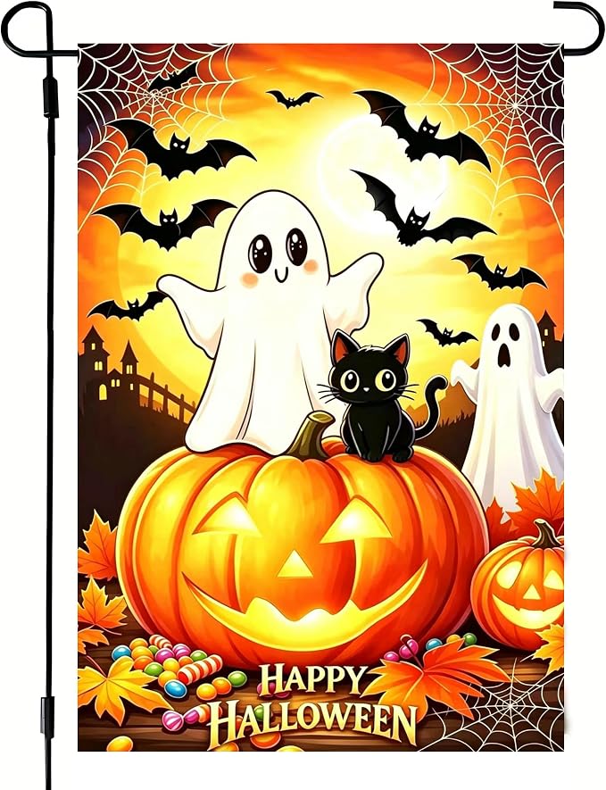 Happy Halloween Ghose Black Cat Garden Flags for Outside 12x18 Inch Double Sided, Small Burlap Holiday Outdoor Garden Flag Halloween Decorations for Home Porch Yard Lawn Décor