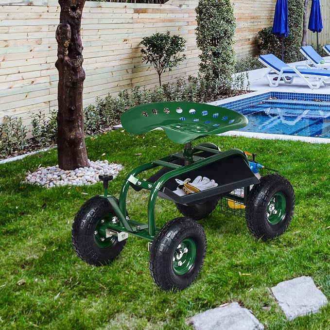 Goplus Garden Seat with Wheels, Rolling Garden Cart with 360 Degree Swivel Seat for Planting, Gardening Stool w/Tool Tray, Basket, Gardening Chair Workseat, Patio Wagon Scooter for Seniors