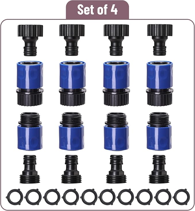 Bates- Garden Hose Quick Connectors, 4 Set, 3/4 Inch, Male and Female, Plastic Hose Connector, Garden Hose Quick Connect Hose Fittings, Water Hose Quick Connect Fittings, Quick Release Hose Connector