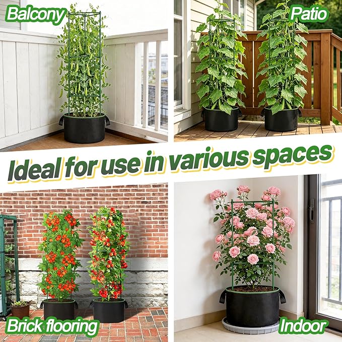 ANPHSIN Sturdy Triangle Tomato Cage with Movable 15 Gal Grow Bags - 3 Sets 47'' Plants Garden Trellis Planters, Support for Indoor Outdoor Beans, Peppers, Eggplants, Climbing Vegetables