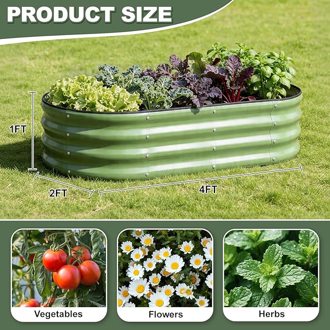 1MORE Galvanized Raised Garden Bed- Planter Garden Boxes Outdoor, Raised Beds for Gardening, 4x2x1ft Metal Garden Bed Kit for Vegetables Flower, Planter Raised Beds with Tools.Green-2pack