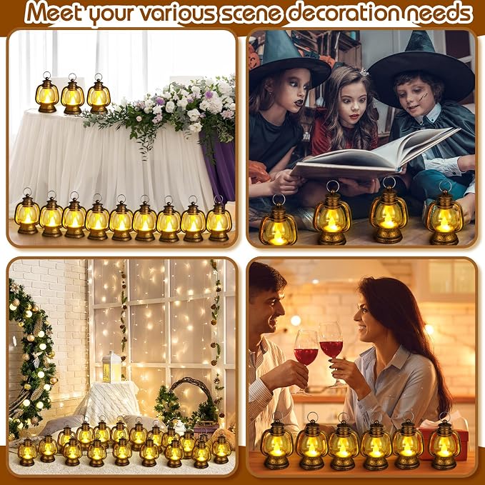 Ferraycle 48 Pcs Mini Lantern Decor 4 Inch Western Lantern Table Centerpiece Small Vintage Camping Hanging Lamp Ornaments Bulk for Cowboy Cowgirl Wedding Halloween Christmas (4 Inch,Retro Gold)