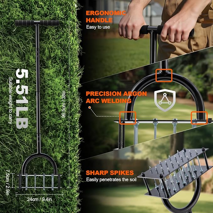 Bluesea Lawn Aerator Tool - 16 Iron Spikes with Ergonomic T-Handle, Automatic Dirt Clean for Soil Loosening & Yard Aeration, Manual Metal Grass Aerator (Black)