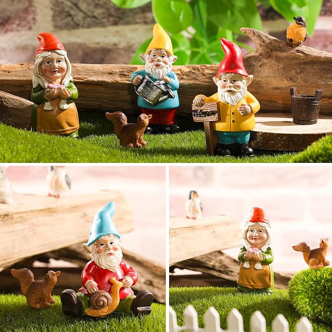Jetec 10 Pcs Mini Fairy Gnomes Statue Garden Accessories Kit Miniature Garden Resin Gnomes Hand Painted Squirrel Hedgehog Owl Bird and Bucket Ornament for Yard Lawn Home Outdoor Decoration