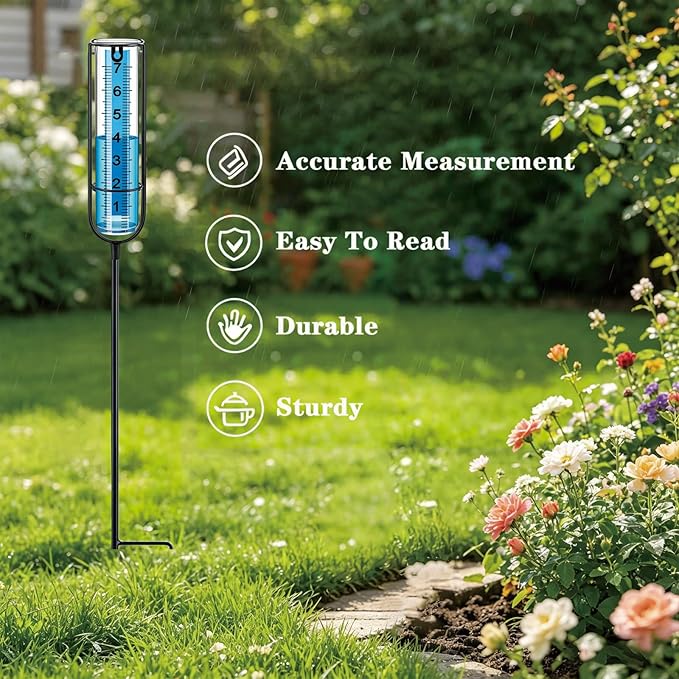 Rain Gauge, 7" Freeze Proof rain Gauge Outdoor Best Rated, Rain gauges for Yard with Stake,Large Clear Numbers and Adjustable Height -Decorative rain Measure Gauge for Garden, Deck, Lawn