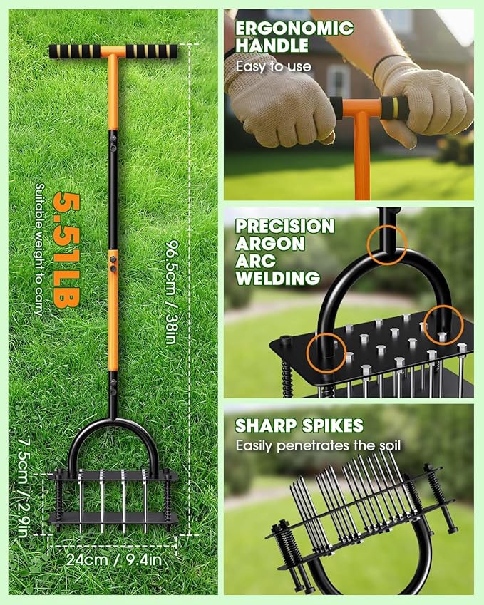 Manual Lawn Aerator Tool, Grass & Yard Aerator, Lightweight 7.7 lb with 21 × 3.5" Steel Spikes, Ergonomic Automatic Reset Design, Deep Soil Aeration for Healthier Lawns