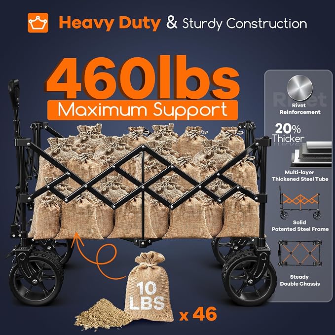 Originsure 220L Collapsible Wagon Cart Foldable, 460lbs Load Capacity Heavy Duty Folding Beach Wagons with Big All-Terrain Wheels, Utility Carts for Groceries, Shopping, Camping, Sports - Grey