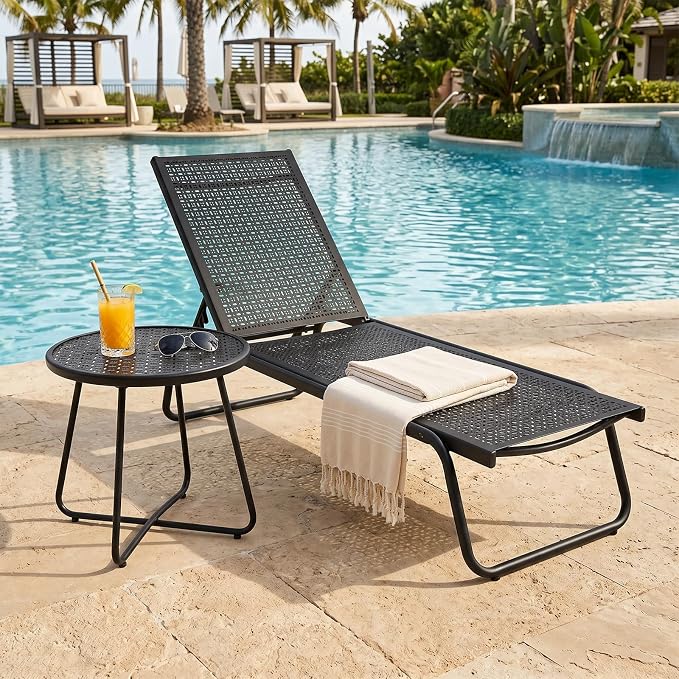 danpinera Outdoor Side Tables, Small Black Round End Table with Flower Cut Outs for Patio Yard Balcony Garden Bedside