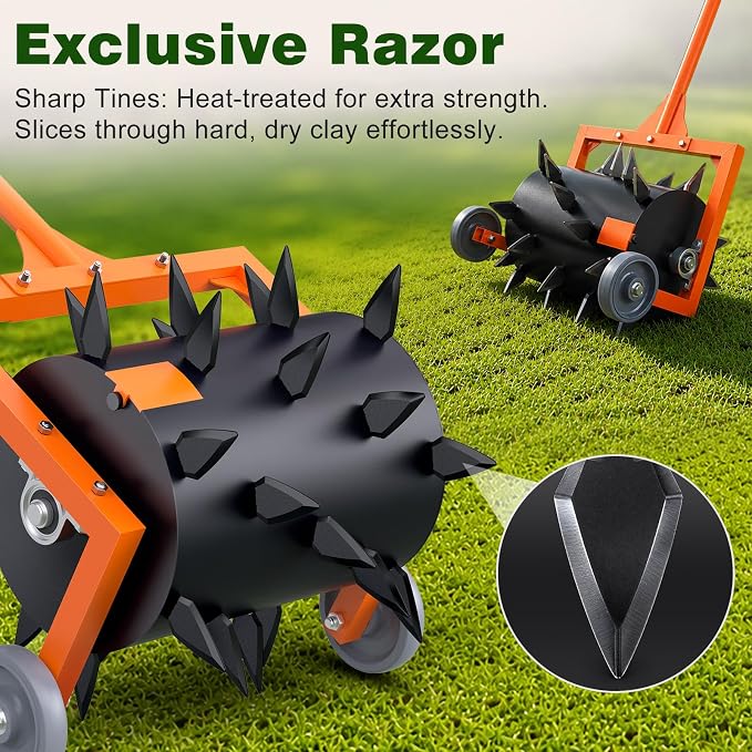 Rolling Lawn Aerator Grass Aerator, Steel Spike Roller Aerators Push Manual Lawn Aerators Machine, Rotary Aeration Tool for Lawns Soil Aerating, Aerator Lawn Tool for Garden Yard Turf Care - Orange