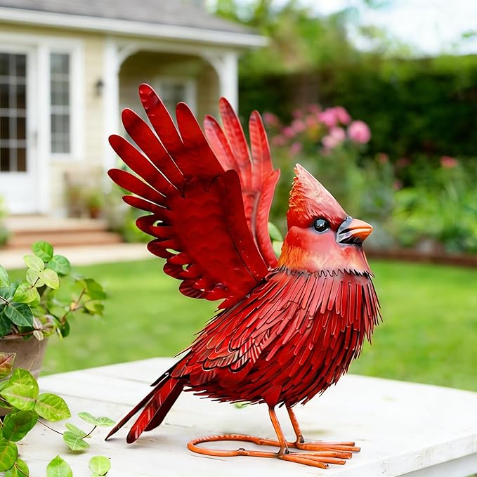 Nacome Cardinal Garden Decor Metal Yard: Art Outdoor Sculptures & Statues Large Red Bird Ornaments for Patio Balcony Front Backyard - Valentines Day Gifts for Her Wife Women Mom Grandma Birthday