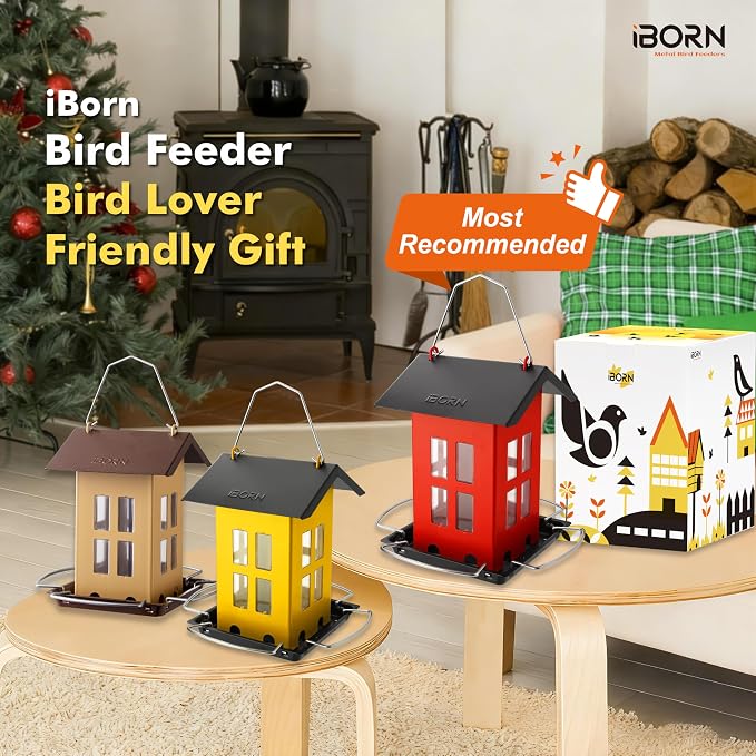 iBorn Bird Feeder House, Metal Bird Feeders for Outdoors Hanging,Double-Sided Metal Hanger & Weatherproof, Easy to Clean & Refill, 2.2 Lbs Capacity, Muted Yellow