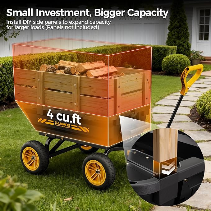 CAMMOO 10in NO-FLAT TIRES 900lb Heavy-Duty Garden Dump Cart DIY Expandable Capacity Over 4 Cu.Ft. Utility Wagon with Quick-Release Dumping & Prime Grade 100% Virgin Polypropylene-Not Recycled Material