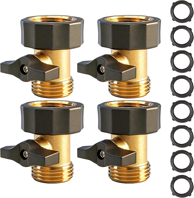 Xiny Tool Garden Hose Shut Off Valve, 4 Pack 3/4 Inch Heavy Duty Brass Water Shut Off Valve, Garden Hose Connector Extended Handle with 8 Extra Rubber Washers