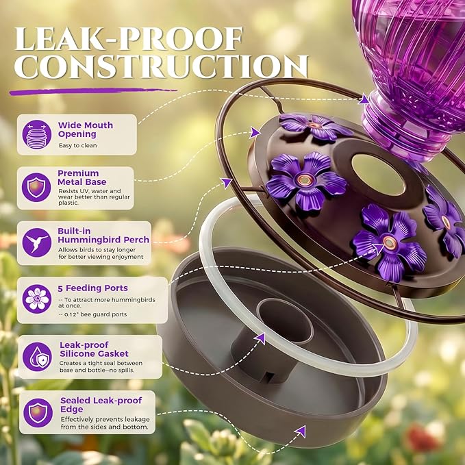 2 Pack Glass Hummingbird Feeder for Outdoors Hanging, Bird Nectar Feeder with Perch & 5 Flower Feeding Ports, 26 Oz Leak Proof for Outside Garden Decor Backyard, Gifts for Women Mom, Red + Purple