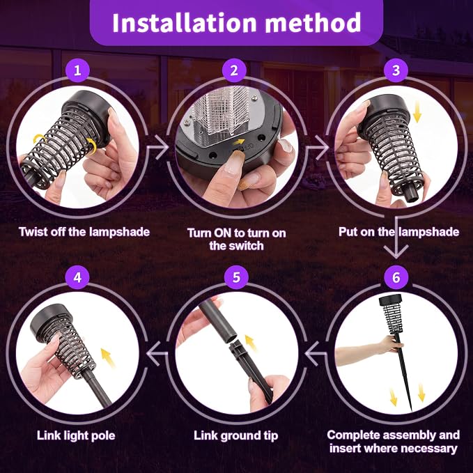 Qualirey 4 Pack Solar Bug Zapper Outdoor Waterproof Mosquito Repellent Killer Bug Zapper Lamp with LED Light for Outdoor Garden Patio Yard (Purple and Flame Light,Black)