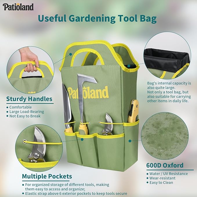 Garden Tool Set 26 Piece, Ergonomic Non-Slip Gardening Kit with Pruning Saw, Shovel, Rake, Weeder, Shears, Apron, Kneeling Pad, Repotting Mat & Tote Bag, Perfect Gardening Gift for Gardener, Green