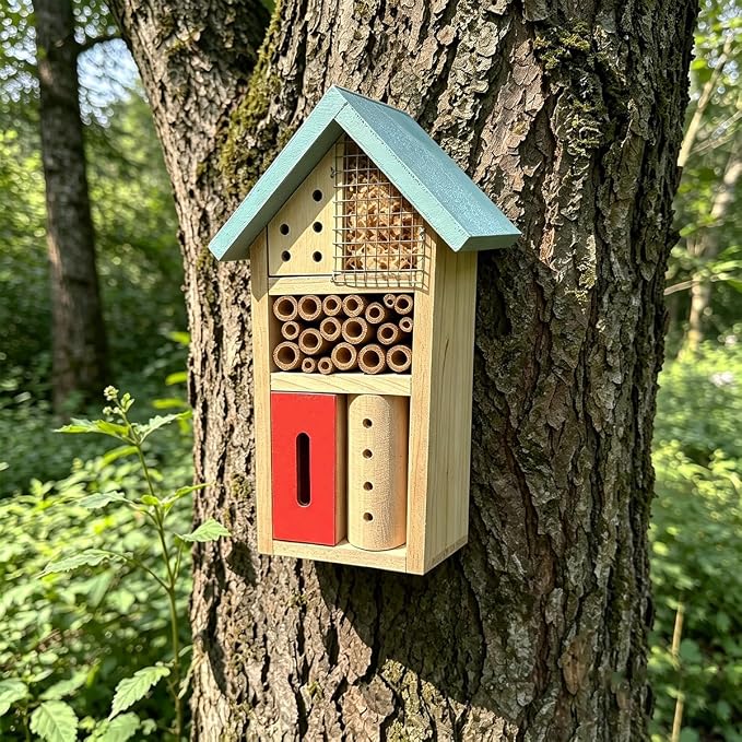 Wooden Insect Hotel for Garden - Bee House & Ladybug House, Pollinator Bug Hotel/Bug House to Attract Beneficial Garden Insects (Blue)