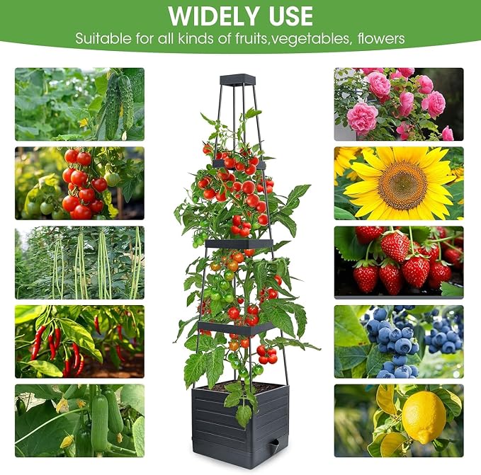 MYMULIKE Raised Garden Bed 4 Packs, Planter Boxes with Trellis 58.3'' Tomato Planters for Climbing Vine Vegetables Flowers Plants Self Watering Tomatoes Cage for Outdoor Patio Greenhouse