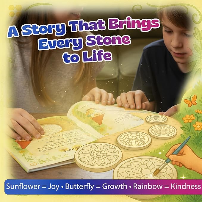 Pinwheel Crafts Stepping Stone Kit for Kids – Paint Your Own Mosaic Stones with Storybook | 5 Preprinted Cement Designs, Waterproof Paints, Brushes & Markers | Creative Garden Craft Gift for Ages 6+