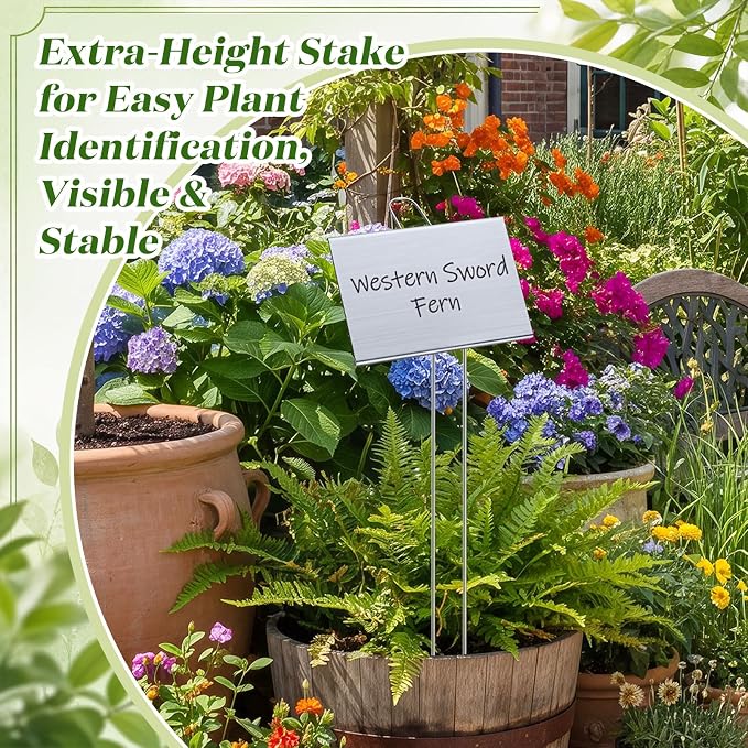 Landhoow 30 Pcs Large Garden Plant Markers Metal Plant Labels Sign 6'' x 4'' with 21'' Stake Weatherproof Waterproof Garden Sign for Outdoor Seedlings Herbs Vegetable Greenhouse, Silver