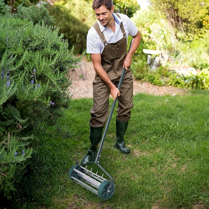 GYMAX Lawn Aerator, 17inch Heavy Duty Rolling Aerator with Sharp Spikes & Anti-Slip Handle, Push Grass Aerator for Lawn, Garden, Yard, Manual Aerator Tool (Basic)