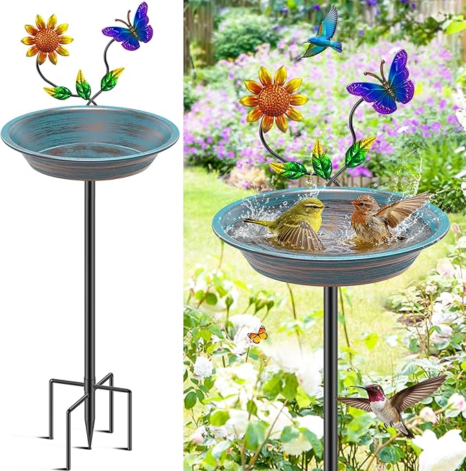 Vintage Metal Bird Bath for Outside, Standing Bird Feerder with Sunflower Decoration, Detachable Birdbaths Bowl for Outdoor Yard Lawn Garden Decor (Vintage Blue)