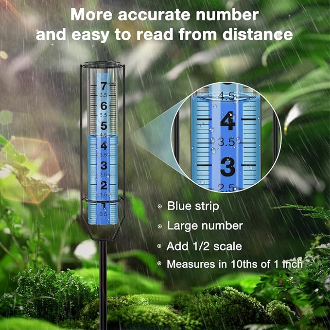 BoArt Rain Gauge, 7" Freeze-Proof Thickened Transparent Plastic Rain Gauge Outdoor, Large Clear Numbers and Adjustable Height Rain Measuring Tool for Garden, Lawn, Patio, and Farm Use