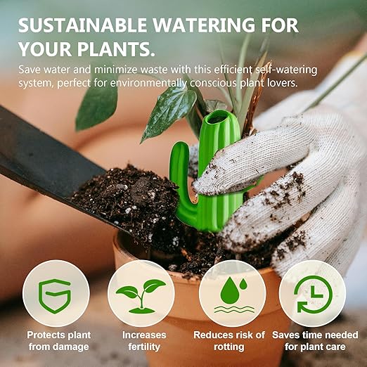 Joyeee 4 Pack Cactus Shaped Watering Spikes, Terracotta Self Watering Devices, Slow Release Waterer for Indoor Outdoor Potted Plants, Automatic Drip Irrigation for Vacations with 60ml Capacity, Green