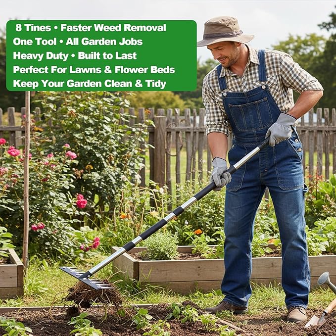 Iron Rake for Weeding, Garden Metal Rake Heavy Duty with 60 Inch Long Handle, Garden Weeding Rake Tools, 8 Tines Gardening Weed Rake Tool, Weeder Tool Weed Puller for Backyard Farm Planting Weeding