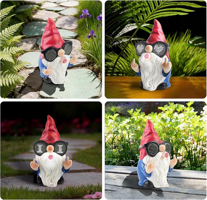 Gnome Statue with Solar LED Glasses, 8.3 in Funny Garden Gnome Statue for Outdoor Decor, Naughty Gnomes Ornaments for Home, Yard, Lawn, Patio and Balcony Decoration