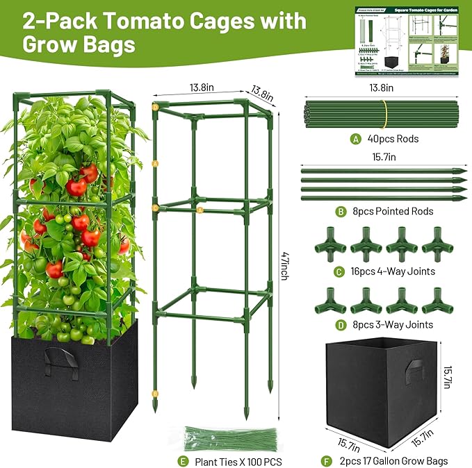 Legigo 2 Pack Tomato Cages with 17 Gallon Grow Bags- 47 Inch Square Tomato Cages for Garden, Heavy-Duty Tomato Stakes Plant Support Cages Trellis for Garden Vertical Climbing Plants Vegetables