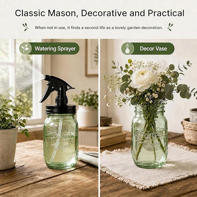 Glass Plant Mister Bottle -16 oz Vintage Style Mason Jar Fine Mist Sprayer - Refillable Leak Proof Water Spray Bottle for Plants, Gardening, Decorative with Adjustable Mist Nozzle (Green)