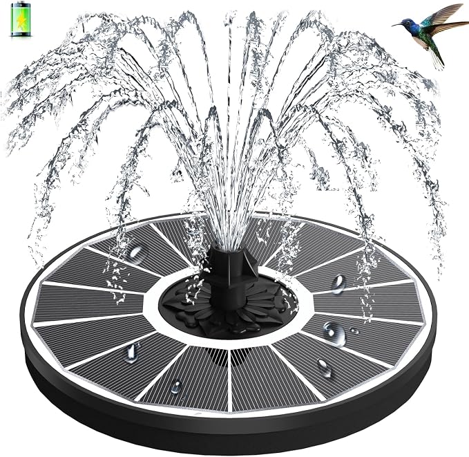 3.5W Solar Fountain with 2000mAh Battery - Work On Cloudy Days - Upgrade Glass Panel Solar Bird Bath Fountain, Hummingbird Water Feature Pump with 7 Nozzles, 4 Fixed Pipes for Garden, Pool