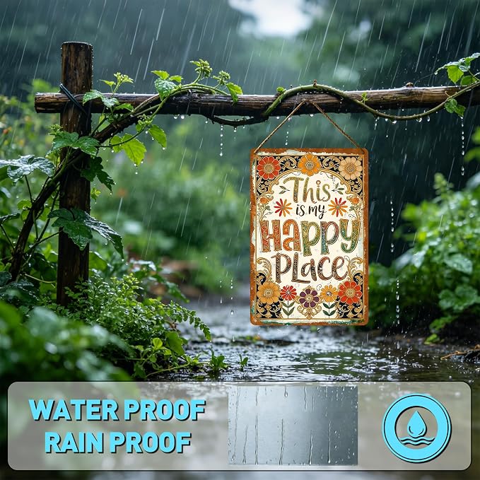 Vintage Garden Signs, Garden Gifts for Women, This Is My Happy Place Garden Decor, Weatherproof Aluminum Metal Sign for Patio Yard Office Bedroom, Boho Wall Decor 8x12 Inch