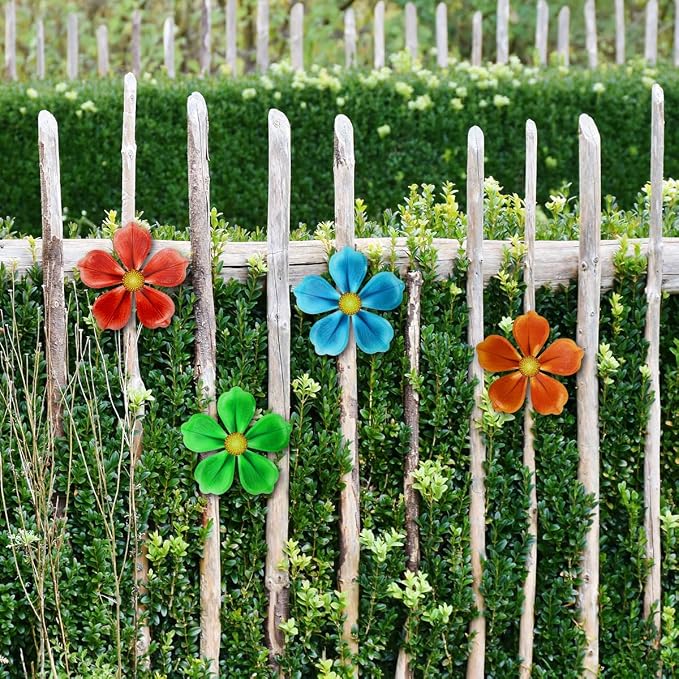 Giyyomtr Metal Flowers Wall Decor - 4pcs Metal Wall Art Hanging Decorations for Outdoor Fence Garden Yard Patio Exterior Wall Decor