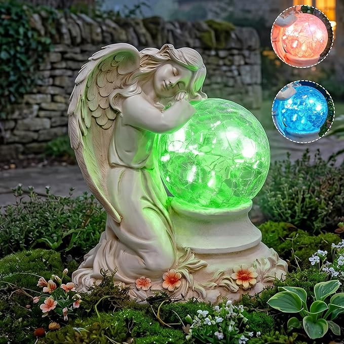 Solar Angel Garden Statue Outdoor, Memorial Angel Figurine with Crackle Glass Ball Resin Garden Decor for Patio Lawn Yard Porch, Gifts for Mom Grandma Women