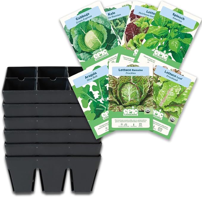 Epic Gardening: Eat Your Greens Seed Kit - 7 Heirloom & Non-GMO Varieties for Fresh Salads & 6-Cell/6 Seedling Starter Trays - Black: Plant Starter, Easy Growing, Eco-Friendly, Perfect for Beginners