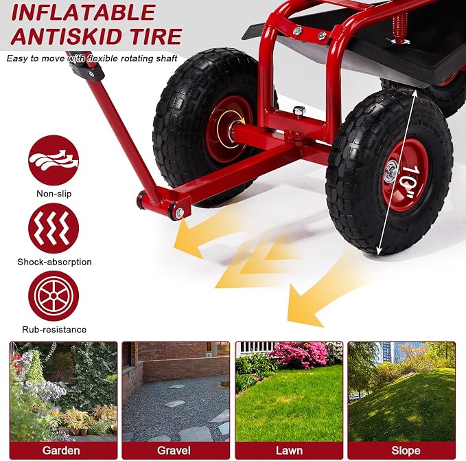 Garden Cart Rolling Workseat with Wheels, Gardening Stool Cart Seat with 360 Degree Swivel Seat & Extendable Handle & Tool Tray, Patio Wagon Scooter for Planting, Weeding, and Outdoor Tasks, Red