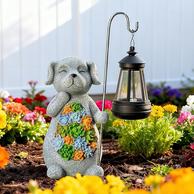 Solar Dog Garden Statue with Lantern – Waterproof Resin Outdoor Decor for Yard, Lawn, Flower Bed, Backyard, Front Yard, Patio, Balcony – Gift for Dog Lovers