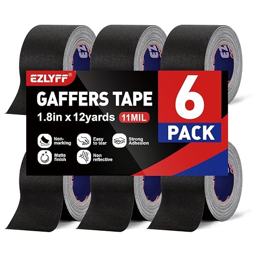 6 Pack Black Gaffers Tape 1.8"x12 Yards(Total 72 Yards), 11 Mil Industrial Grade Black Gaff Tape, No Residue, Non-Reflective, Easy Tear, Gaffer's Tapes for Securing Cables, Photography, Studio