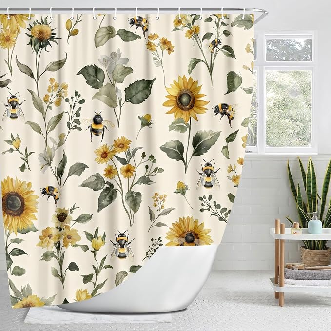 Rustic Boho Sunflowers Bee Shower Curtain, Vintage Chic Country Floral Botanical Floral Plant Farmhouse Cottagecore Aesthetic Shower Curtain Set with Hook, Beige Yellow Bath Curtain 60X72 Inch