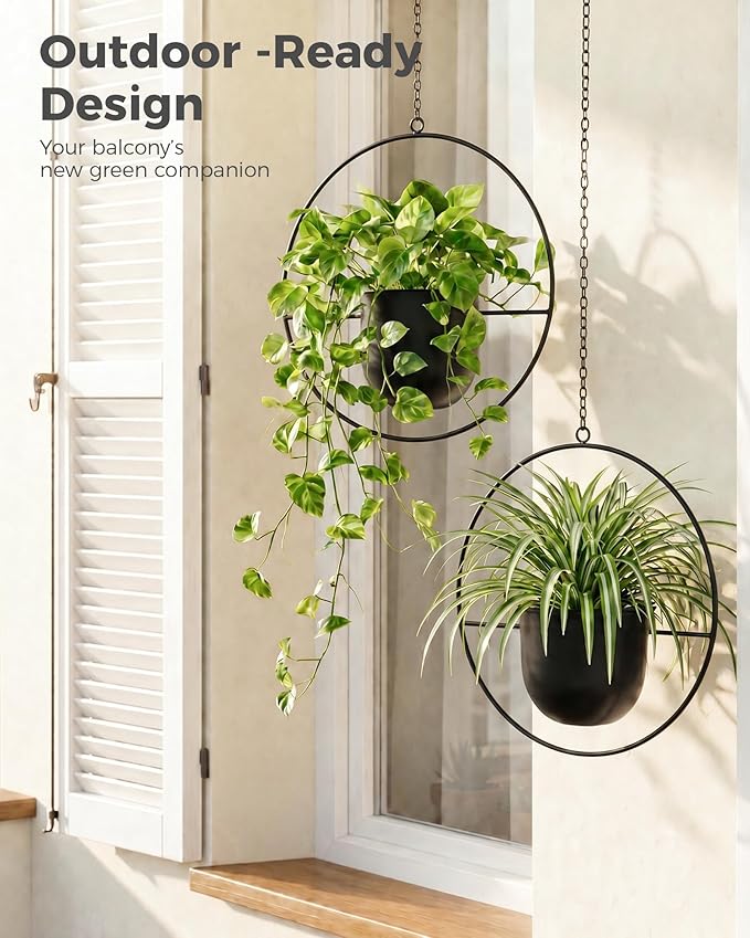 Bamworld Black Hanging Planters for Indoor Outdoor Plants Metal Hanging Pots for Plants 5.5 Inch Modern Hanging Basket Window Plant Hanger Ceiling Hanging Flower Pot with Chain for Wall Decor (Round)