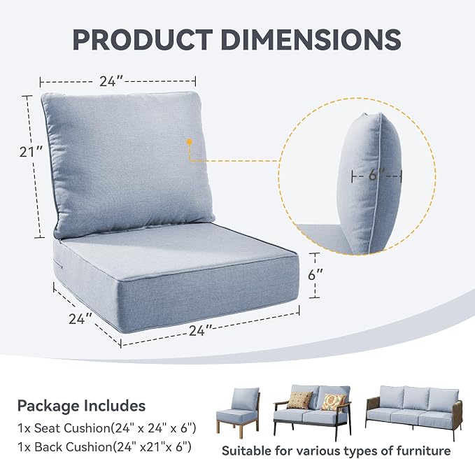 6" Thick Patio Chair Cushions - 24"* 24" Patio Furniture Cushions with Water Resistant & Removable Cover, 28D High Density Sponge Patio Cushion for Outdoor Furniture Couch Chair Baby Blue