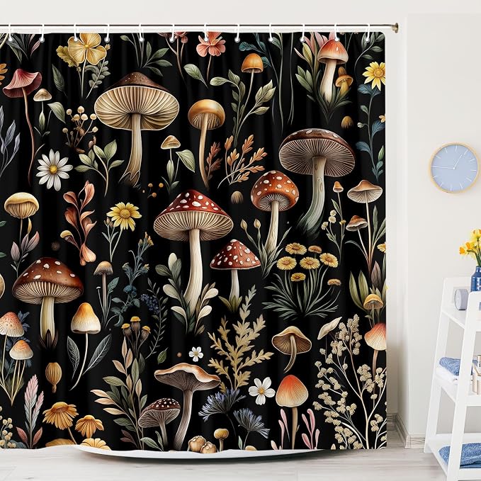 Vintage Mushroom Shower Curtain, Witchy Aesthetic Black Boho Floral Retro Botanical Shower Curtain Set, Fairy Dark Wildflower Plant Decorative Farmhouse Bathroom Accessories Curtain with Hook 70X70IN