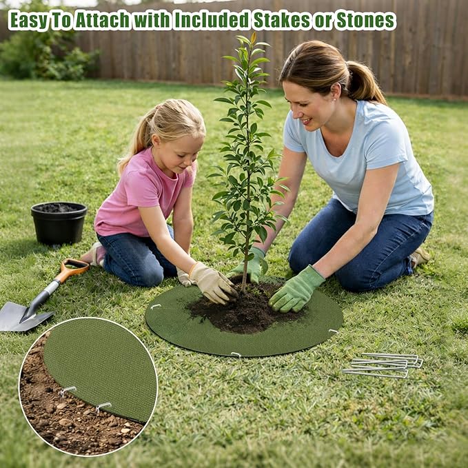YBB 10 Pcs Upgraded Tree Mulch Rings, 23.6 Inch Tree Weed Barrier Fabric Non-Woven Degradable Weed Mat Blocker for Landscaping Weed Control Root Protection with 20 Nails