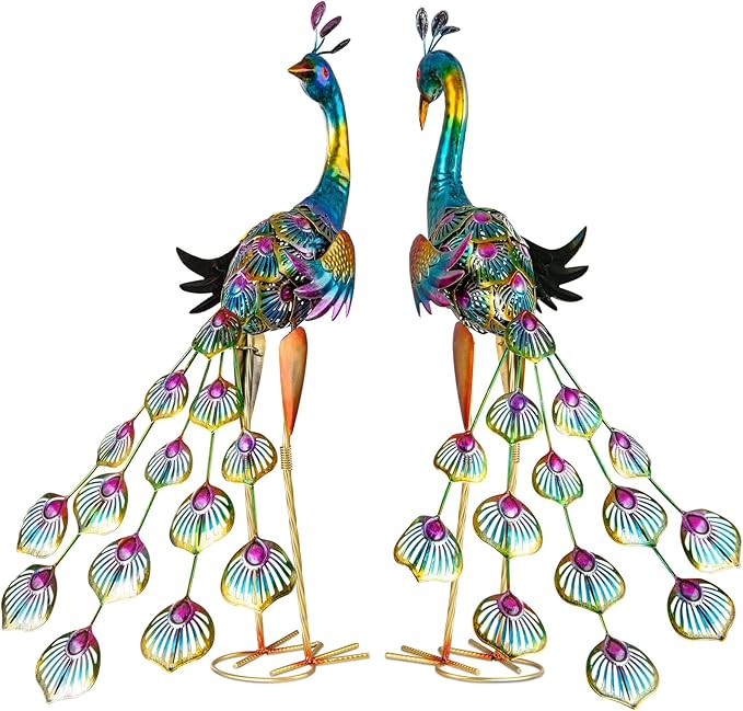 XONOR Metal Peacock Garden Statues Peacock Yard Art Outdoor Sculptures for Home Patio Lawn Backyard Décor, Set of 2